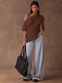 SHEIN BAE Áo thun nữ tay ngắn màu trơn, kiểu dáng thường ngày, vai lệch, thích hợp cho mùa hè. - Cà phê nâu - Xem 1