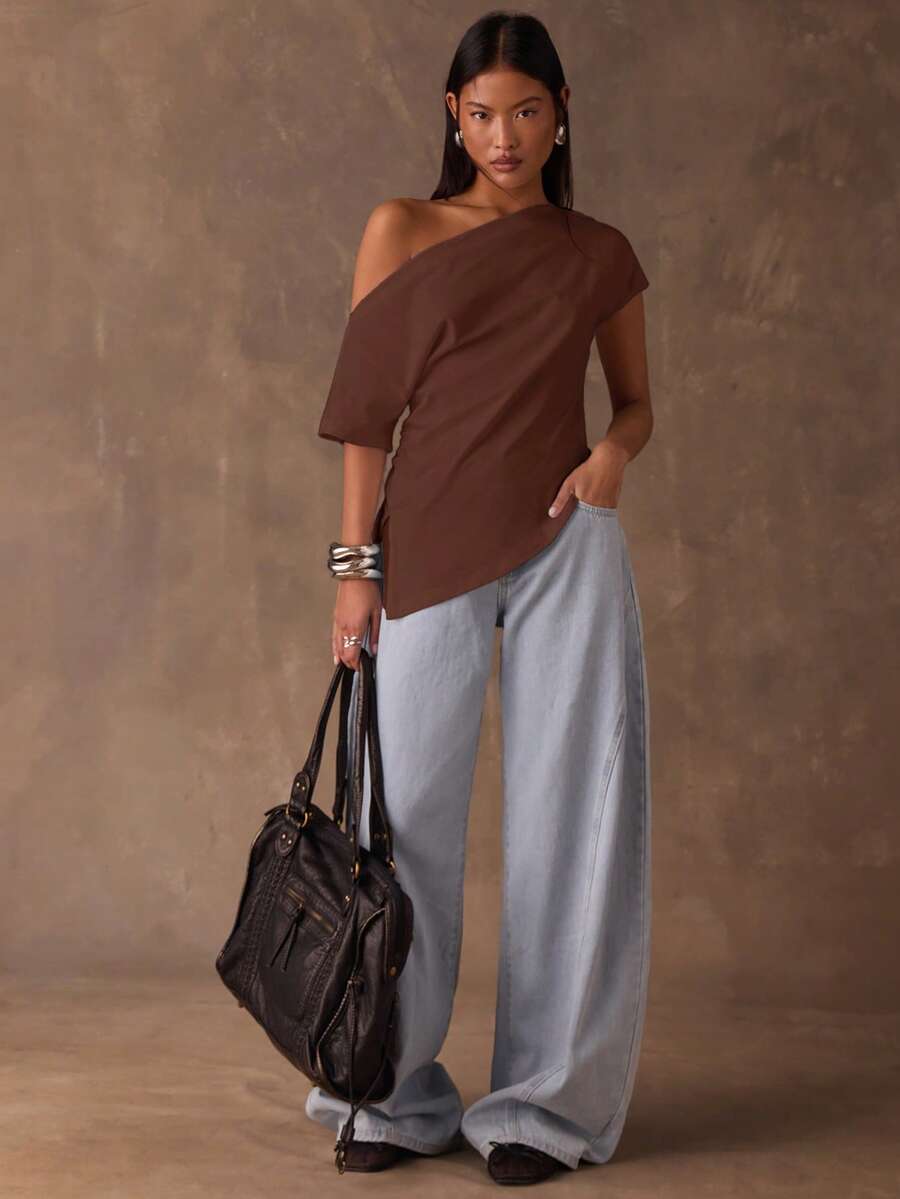 SHEIN BAE Áo thun nữ tay ngắn màu trơn, kiểu dáng thường ngày, vai lệch, thích hợp cho mùa hè. - Cà phê nâu - Xem 1