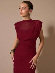 SHEIN BAE 黑色披肩式优雅薄纱褶皱连衣裙，适合浪漫约会、派对、正式聚会、伴娘礼服、女士夏季连衣裙、下午茶会连衣裙、新年、情人节、生日迷你连衣裙、黑色连衣裙 - 酒紅色 - 查看 3