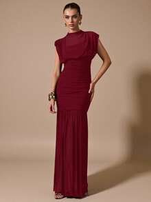 SHEIN BAE 黑色披肩式优雅薄纱褶皱连衣裙，适合浪漫约会、派对、正式聚会、伴娘礼服、女士夏季连衣裙、下午茶会连衣裙、新年、情人节、生日迷你连衣裙、黑色连衣裙 - 酒紅色 - 查看 4