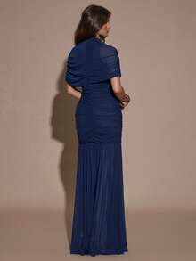 SHEIN BAE 优雅褶皱半身修身连衣裙，适合鸡尾酒会、浪漫约会、秋冬叠穿、派对、正式聚会、万圣节、圣诞节等场合。 - 藏蓝色 - 查看 2