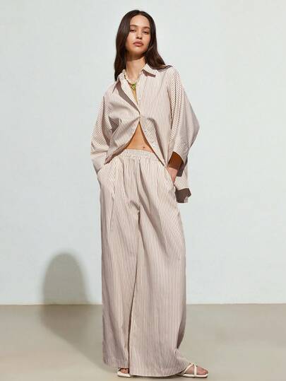 GENKIRA Women's Casual Striped Loose Shirt And High Waist Wide Leg Pants 2 Pieces Set
