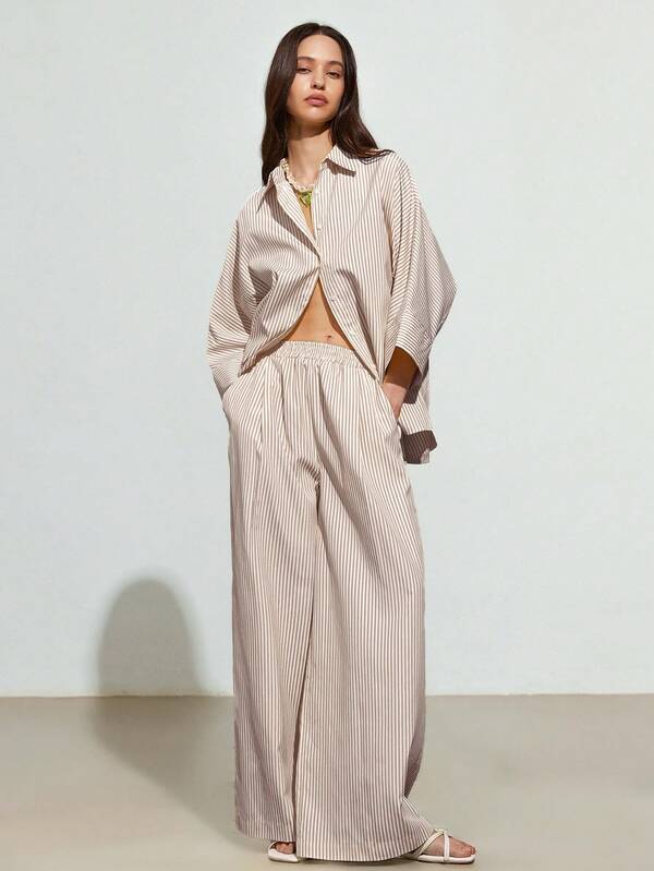 GENKIRA Women's Casual Striped Loose Shirt And High Waist Wide Leg Pants 2 Pieces Set