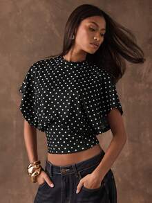 SHEIN BAE 女士休闲波点印花蝙蝠袖短款T恤，夏季 - 黑色 - 查看 7
