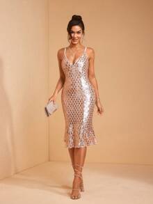 JIAN LASALA V Neck Spaghetti Straps Patterned Sequin Mesh Mermaid Hem Party Dress Women Short Sexy Dress Black Sequin Midi Dress Sparkly Cocktail Dress Glitter Dress Sleeveless Midi Dress Black Sequin Dress Sparkly Dress Midi Cocktail Dress Sequin Dress Luxury Stylish Clothing Collection Elegant - Khaki - View 6