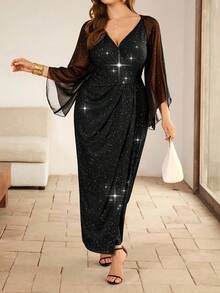 Flirla Stunning Plus Size Black Sparkle Long Dress With Three Quarter Split Sleeves Wrap Detail And V Neck For Parties - Black - View 5