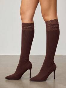 CUCCOO SZL Women's Contrast Lace Ribbed Elegant Pointed Toe Over-The-Knee High Heel Boots, Suitable For Daily Wear Valentine's Day - Chocolate Brown - View 10