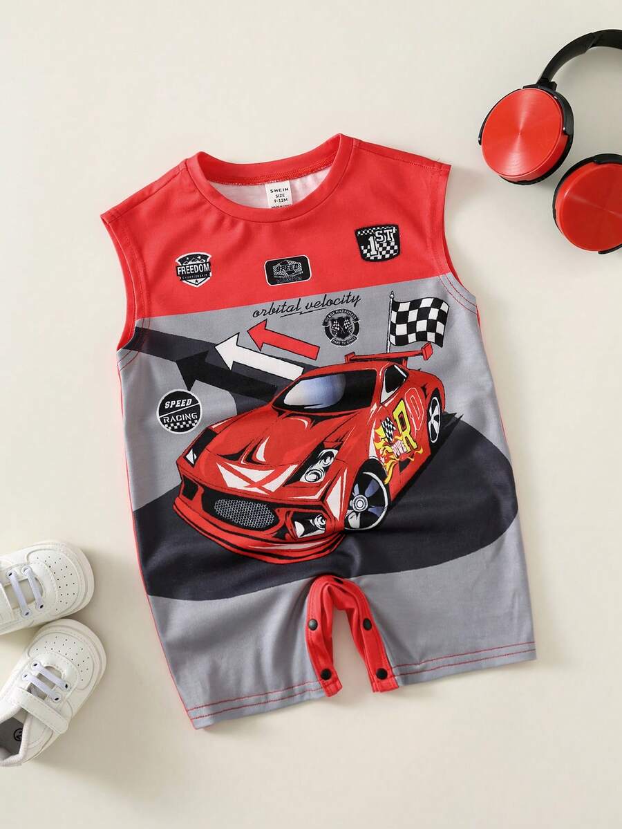 SHEIN Newborn Baby Boy Summer Cute Casual Knitted Cartoon Racing Pattern Romper - Multicolor - View 1