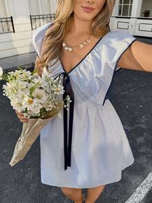 Lounesse 大码条纹系带短袖连衣裙 - 藍色 - 查看 6