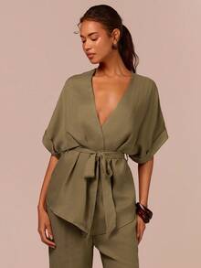 COSMINA V-Neck Raglan Sleeve Cuff Fold, Wrap Design, Waist Tie, V-Neck Shirt And Pants Set, Loose Top, Military Green Set, Summer Vacation Packages, Relaxing Vacations, Women's Vacation Packages
,Summer Women's Casual 2-Piece Set - Army Green - View 2