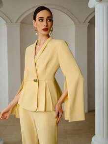 ZEYLAH Women's Elegant Pleated Blazer, High-End Stand Collar Jacket, Spring/Summer - Yellow - View 5