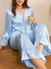 优雅的法式蕾丝睡衣，浪漫的蕾丝拼接荷叶边睡衣，迷人女士睡衣套装 - 天藍色 - 查看 1