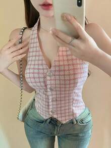 DAZY 情人节粉色格子 V 领露背派对和返校季女士背心 - 粉色 - 查看 6