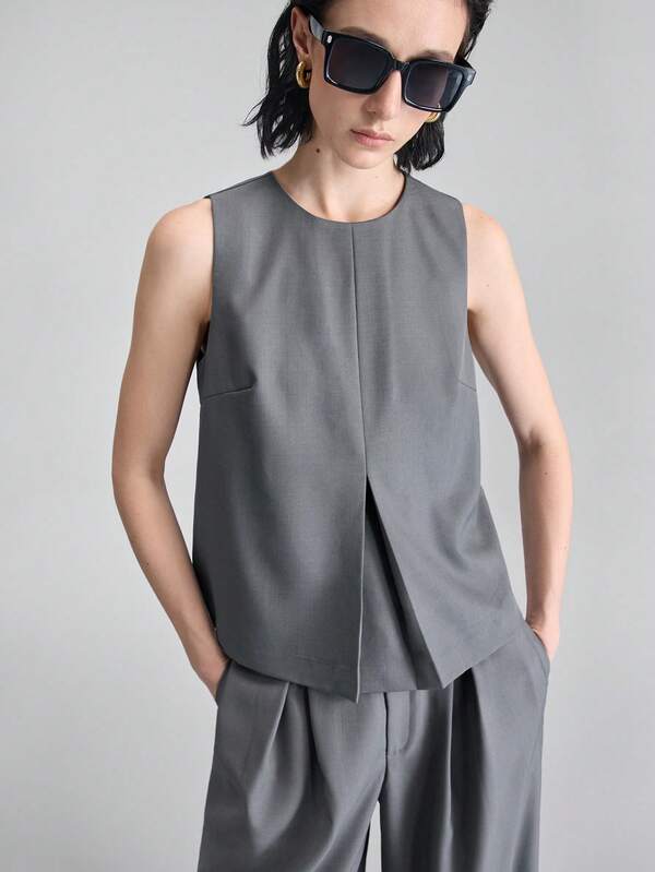 Ontre 2026SS New Gray Matching Vest & Wide Leg Pants Set, Modern Elegant Wedding Guest Outfit, Minimalist Romantic French Luxury Urban Fashion Business Casual Office Wear, Low-Key Vintage High-End City Commute High-Quality Airport Cruise Middle East Essential Outfit, Four-Season Versatile Wedding Series Women 2-Piece Set Sleeveless Gray Top Structured Top Minimalist Clothes Women