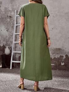 EMERY ROSE 大码女士休闲度假圆领短袖口袋连衣裙，春季 - 軍綠色 - 查看 4