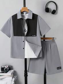SHEIN 2pcs Tween Boys' Casual Color-Blocked Shirt And Loose Shorts Set, Suitable For Commuting, School, Daily Casual, Vacation, Sports, Spring/Summer/Autumn/Winter 15 Year Old Boy Clothes Shorts Boys Short Suit Tween Boy Clothes Short Set - Grey - View 3