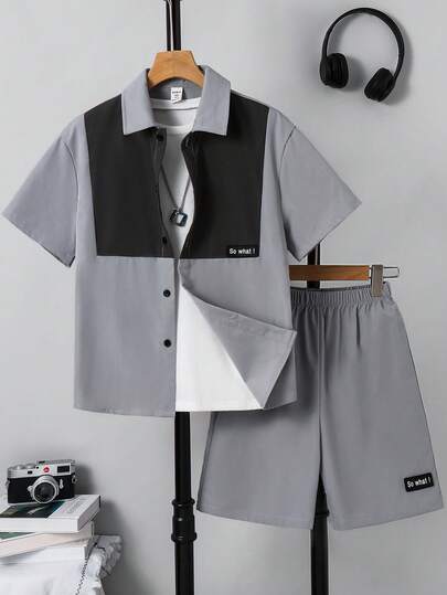 SHEIN 2pcs Tween Boys' Casual Color-Blocked Shirt And Loose Shorts Set, Suitable For Commuting, School, Daily Casual, Vacation, Sports, Spring/Summer/Autumn/Winter