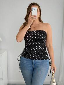 SHEIN Tall CURVE Áo ống chấm bi tối giản, ôm sát, thời trang dành cho nữ cỡ lớn, thích hợp cho mùa hè, kỳ nghỉ, ngày lễ tình nhân, lễ tốt nghiệp, kỳ nghỉ, phong cách thường ngày, chấm bi, áo đen, kỳ nghỉ biển, áo quây cho nữ. - màu đen - Xem 5