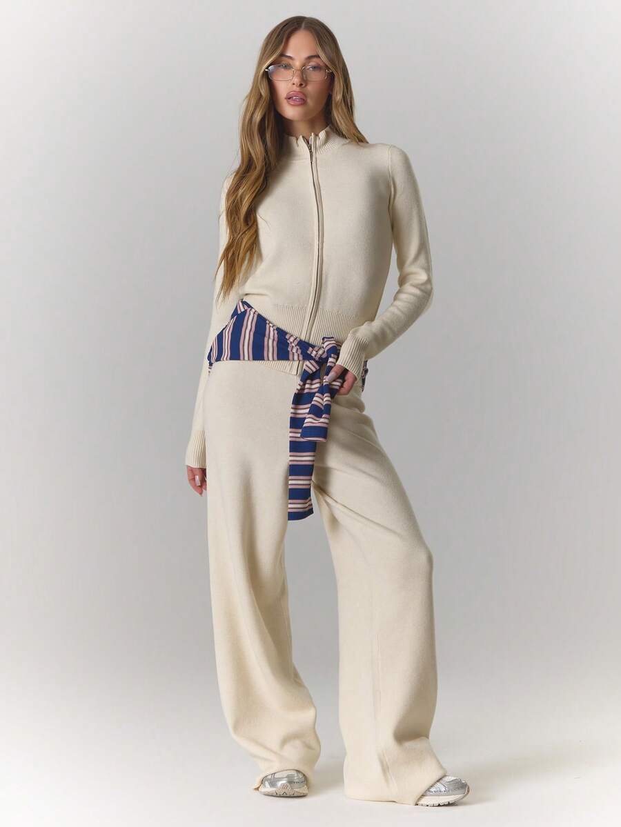 MUSERA 针织直筒裤（仅下装）冬季居家休闲舒适工作可爱优雅休闲时尚春季款 - 奶油色 - 查看 1