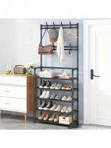 1pc Entry Coat Rack, 23.62" Wide Entryway Shoe Rack, Free Standing Clothes Hanger With 4/5 Tier Storage Shelves And 8 Double Hooks, Organizer For Living Room, Bathroom, Hallway (Self-Assembly Required) - Multicolor - View 18