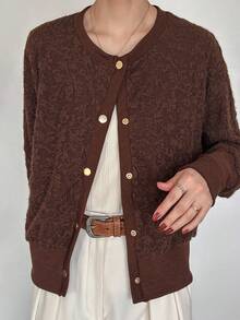 FRIFUL Women's Solid Color Textured Loose Casual Versatile Blouse, Suitable For Spring And Summer Long Sleeve - Coffee Brown - View 4