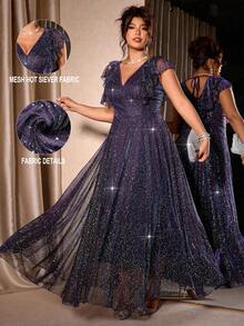 Cravure Stunning Purple Glitter Plus Size Maxi Dress With V Neck Flounce Short Sleeves A Line Fit For Evening Parties - Purple - View 8