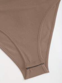 Sweetra Metal Decor Ruched Casual Bodysuit, Versatile For Spring/Summer Brown Bodysuit - Khaki - View 5