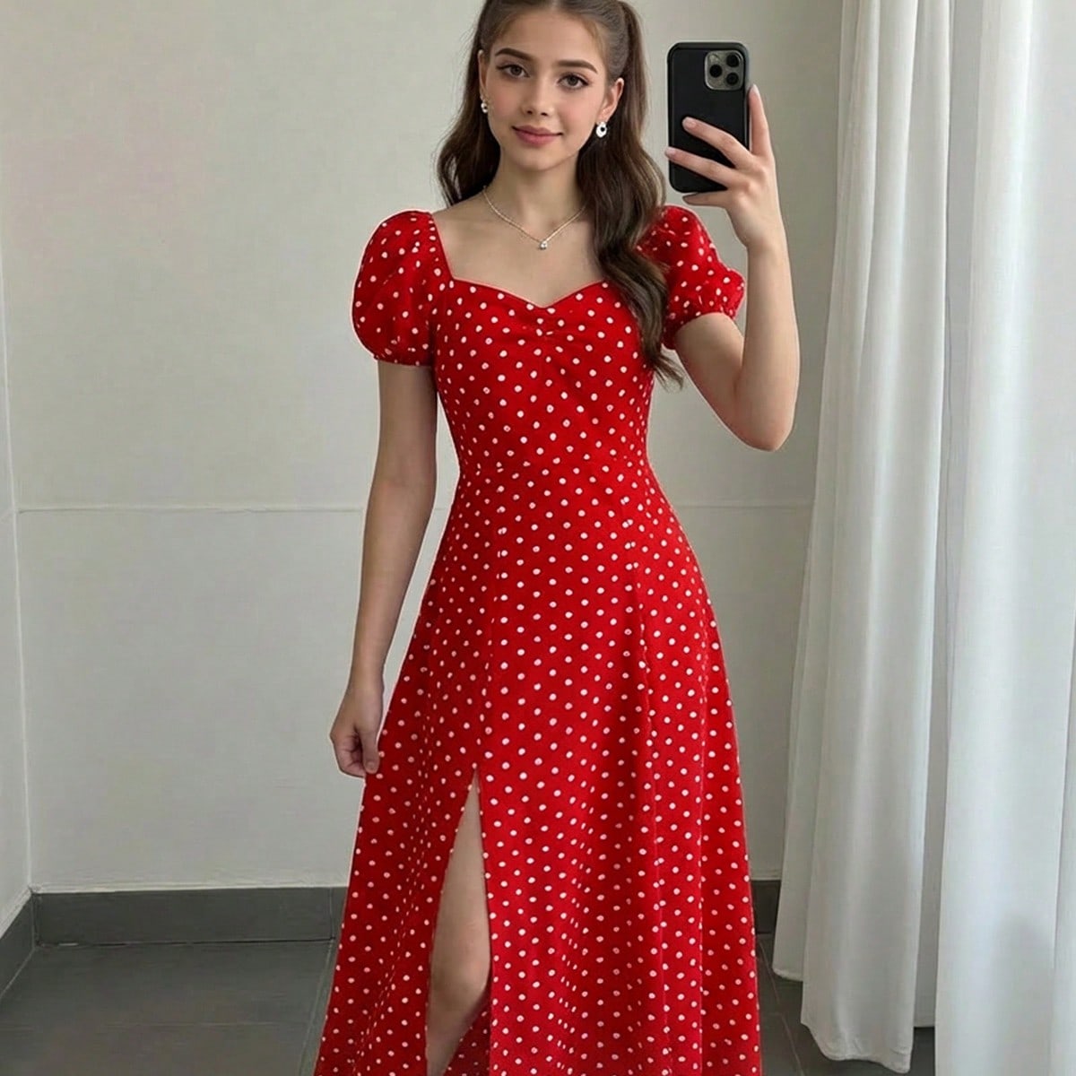 Vestido de manga abullonada de longitud media con abertura en el bajo, estampado de lunares rojos, elegante y dulce, estilo retro de la campiña franc