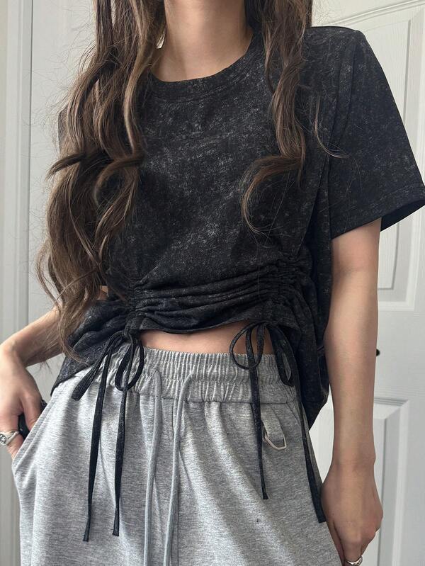 FRIFUL Women's Plaid Short Sleeve Drawstring Loose Casual Versatile T-Shirt, Spring/Summer