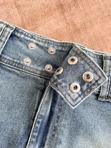 Elamini 女士时尚牛仔裙，纽扣腰部设计，荷叶边裙摆 - 藍色 - 查看 4