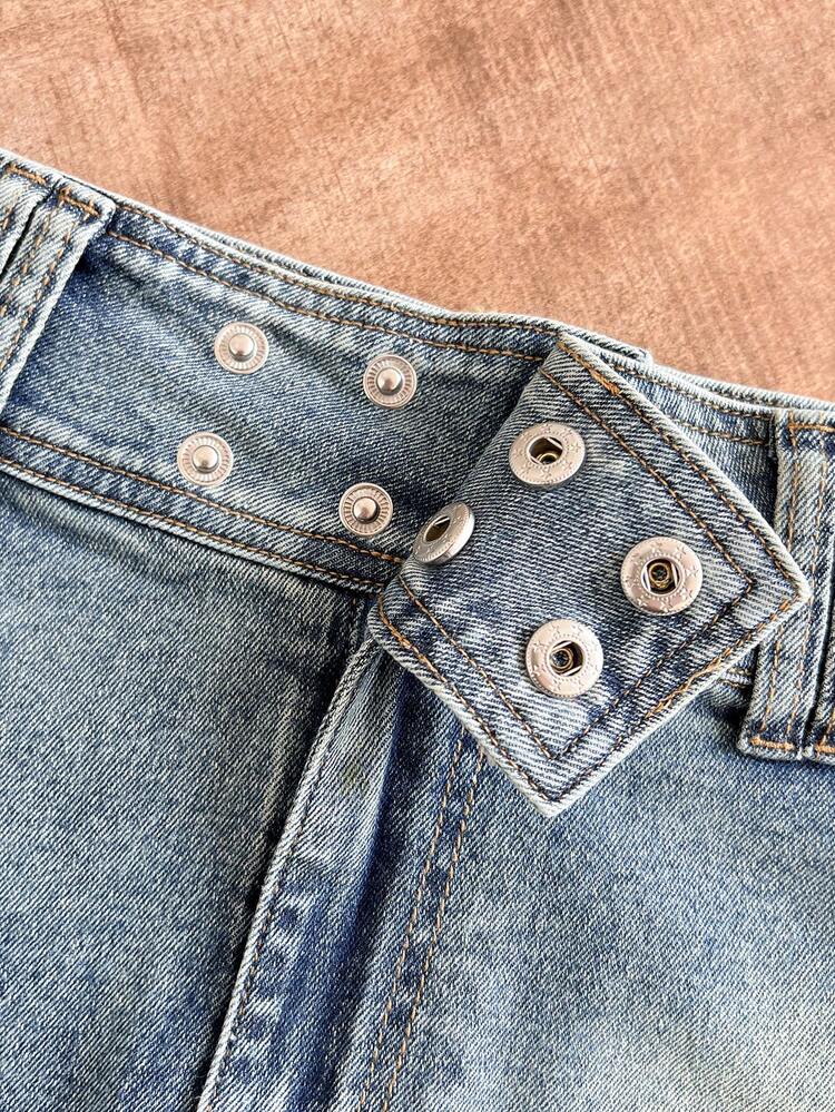 Elamini 女士时尚牛仔裙，纽扣腰部设计，荷叶边裙摆 - 藍色 - 查看 4