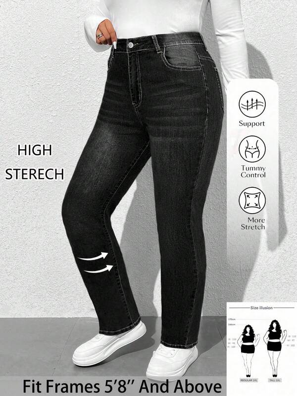 SHEIN Tall CURVE 大码秋季休闲水洗斜口袋紧身牛仔裤