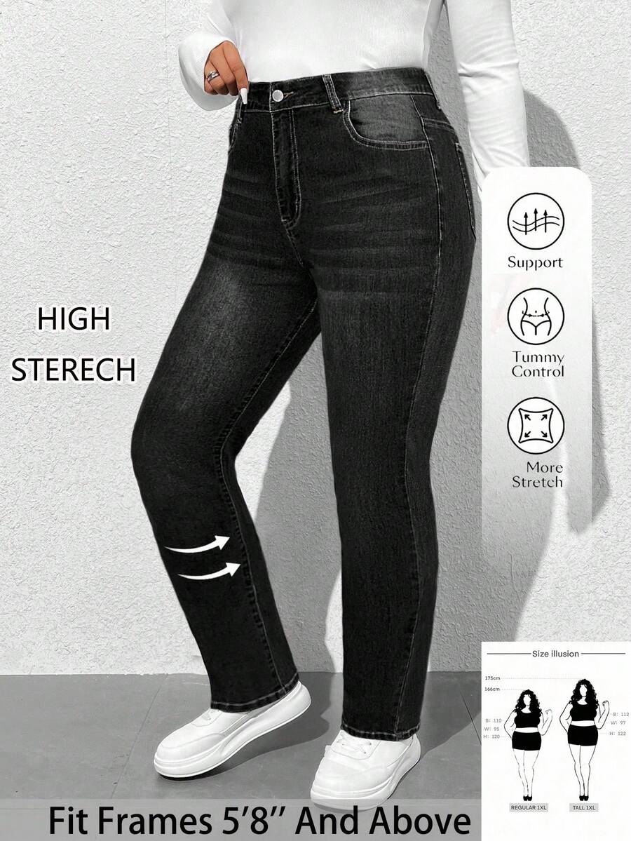SHEIN Tall CURVE 大码秋季休闲水洗斜口袋紧身牛仔裤 - 黑色 - 查看 1