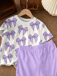 两件套少女休闲蝴蝶印花短袖上衣和短裤套装，适合夏季，经典可爱，是度假和户外活动的理想之选 - 彩色 - 查看 4