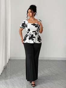 Elenzga Fashionable Casual French Retro Elegant Commuter Generous Collar Print 2 Pieces Set - Black and White - View 4