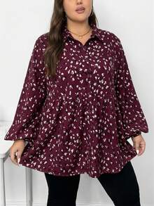 SHEIN CURVE+ 大码女式休闲灯笼袖印花衬衫，适合春、秋、冬三季穿着/秋季/冬季/2026/新年 - 酒紅色 - 查看 3