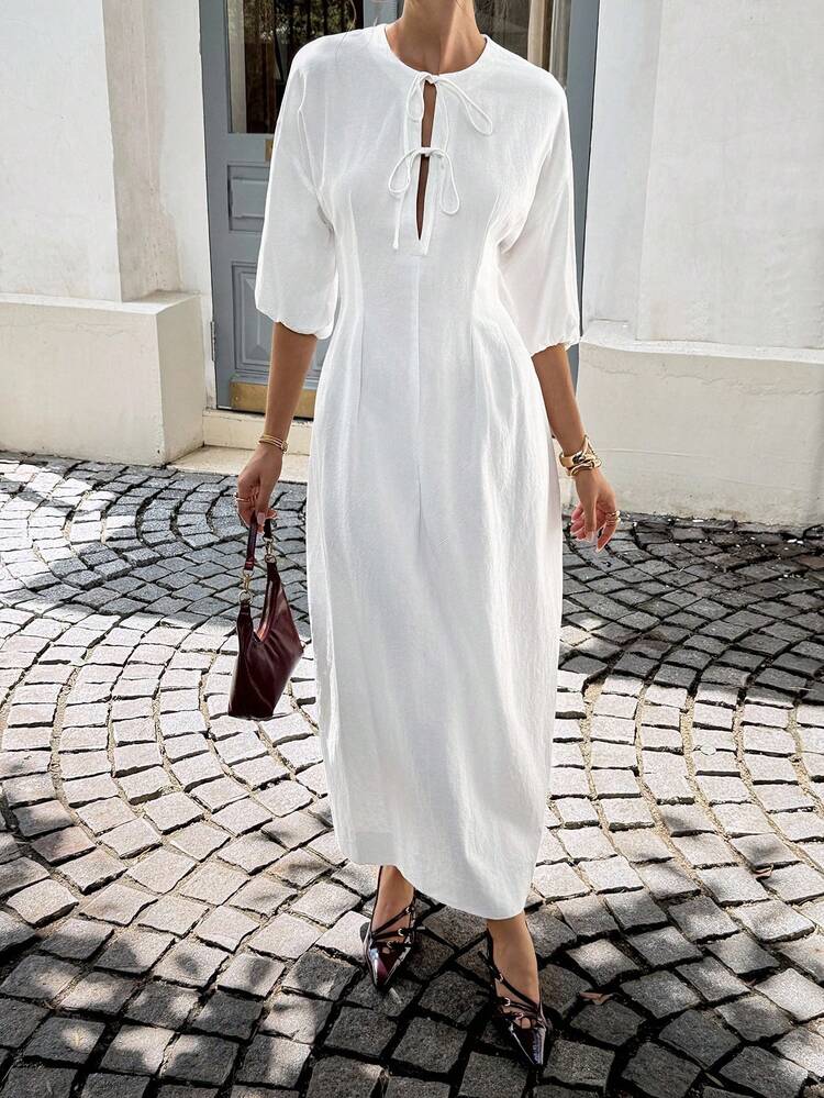 Siren Gaze Business Casual Woman Wedding Guest Dress Women  All White Party Outfit Women   Women's Maxi Dress, White Maxi Dress Old Money Style Wome Teacher Outfits For Women Solid Color, Long Sleeves, Tie-Up Simple And Stylish, Suitable For Summer Ladies Summer Wear Women's Summer Simple Solid Color Front Tie Waist Dress New Year Casual White - White - View 5
