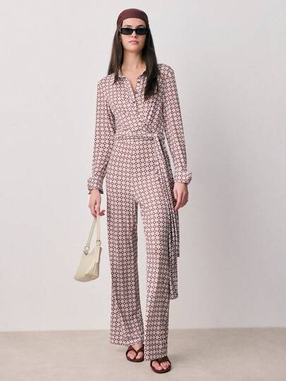 Nöista Printed Jumpsuit Features Long Sleeves, A Classic Shirt Collar With Front Buttons, A Fittedwaist With A Self-Tie Belt, And A Wide-Leg Silhouette For A Flattering. Spring, Summer, Total Look, Women,