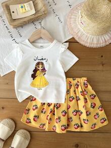 两件套女婴时尚休闲可爱公主风印花荷叶边上衣和裙子套装，适合春夏、居家、户外、旅行、派对、日常穿着 - 黃色 - 查看 3