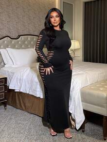 NU&NOW 大码女士性感透视激光镂空长袖连衣裙，适合日常、办公、外出、派对、聚会等多种场合。 - 黑色 - 查看 1