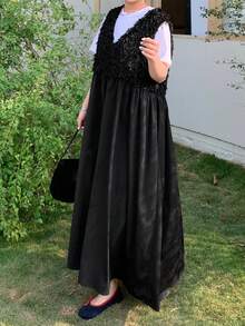 Dazy Plus Plus Size Summer Casual Patchwork Textured Fabric Sleeveless Dress Sundress - Black - View 1