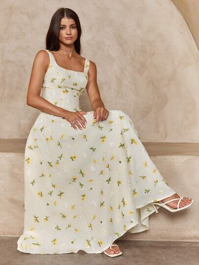 Enchnt فستان أنيق للنساء مطرز بالزهور بدون أكمام، صيفي