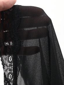Dazy Plus Plus Size Women Solid Color Contrast Lace Front Tie Flare Sleeve Robe Pajamas - Black - View 3
