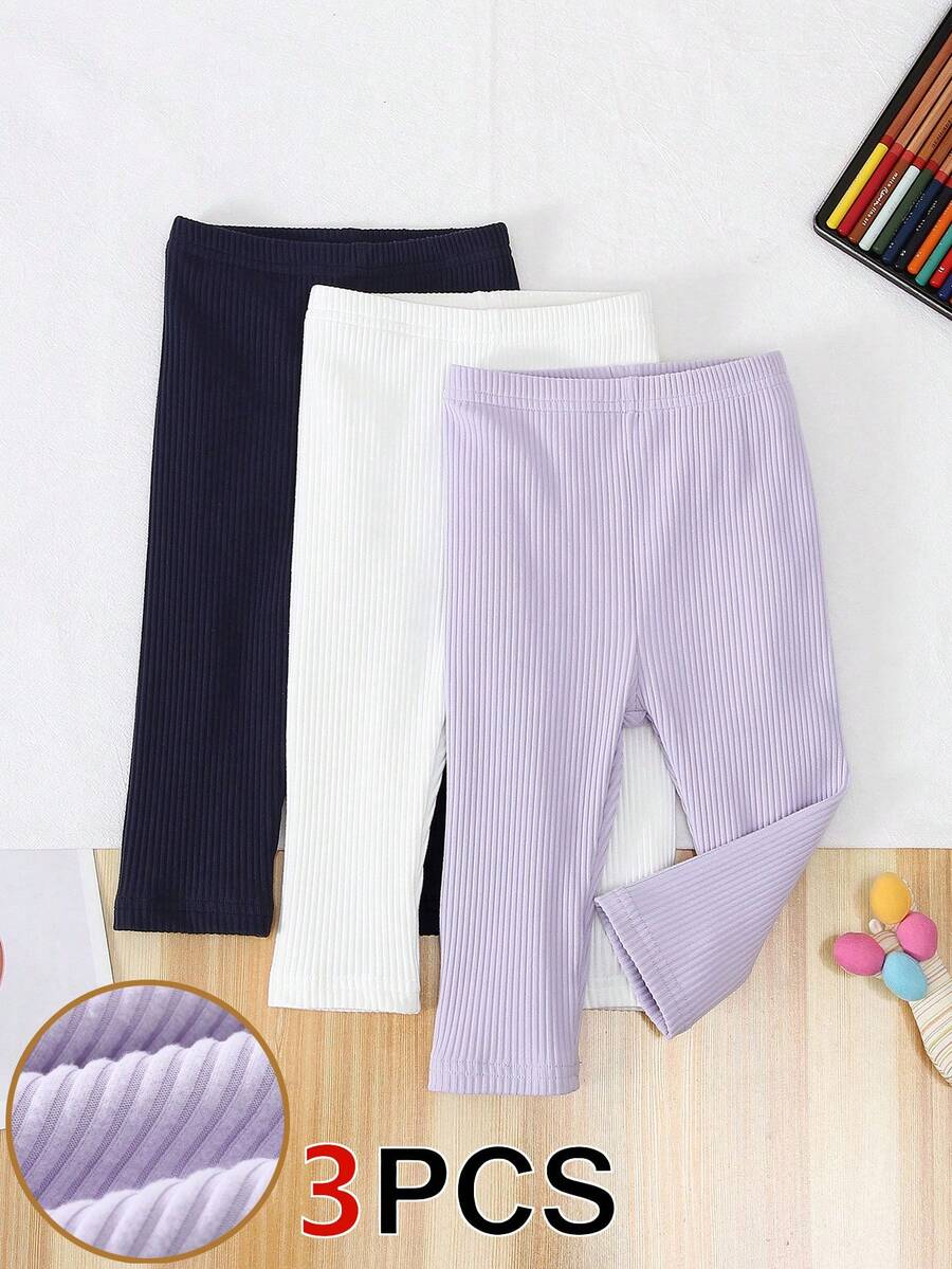 SHEIN Playful Pals 3pcs/Set Baby Girls' All-Match Casual Solid Color Stretchy Leggings, Pants, Tights, Infant Bottoms, Infant Trousers Set, Knit Corduroy Baby GirlLeggings, Suitable For Spring, Summer, Autumn, Winter - Multicolor - View 1