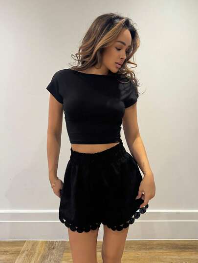 RebeccaVibe Summer Clothes Women Beach Vacation , Lace Trim Tie Waist Cover Up Shorts