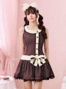 ROMWE Kawaii 复古甜心提拉米苏波点蝴蝶结无袖迷你连衣裙 - 咖啡棕 - 查看 6