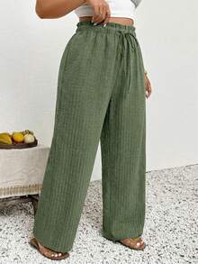 SHEIN Frenchy 大码女式休闲纯色长裤，适合度假穿着，阔腿裤，休闲阔腿裤，春季阔腿裤，波西米亚风女裤 - 綠色 - 查看 4