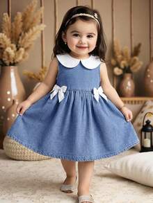 Baby Girl Denim Dress With Wide Ribbon Bow And Contrast Collar - Light Wash - View 1