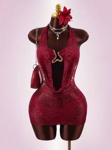 Zestiva 3件套夏季沙滩度假蕾丝上衣+蕾丝三角裤+蕾丝罩衫 - 酒紅色 - 查看 3