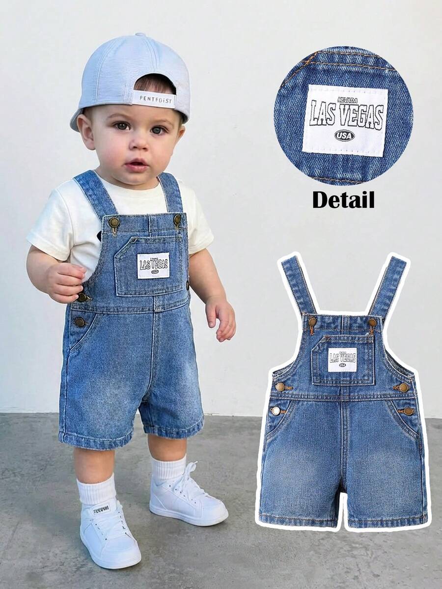 男童蓝色牛仔背带短裤 - 中等水洗藍 - 查看 1